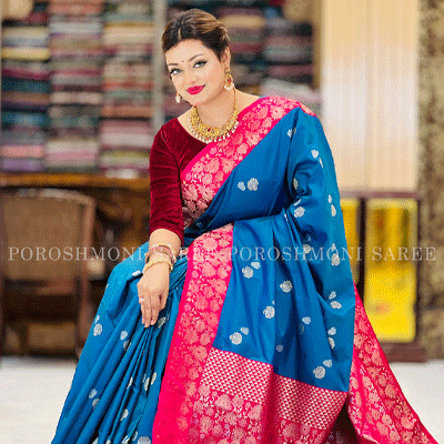 Royal Blue Katan Silk Saree with Pink Par-Poroshmoni Saree